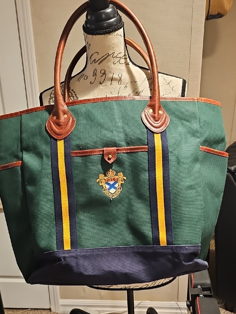 POLO leather trim Green Canvas Tote Bag with Navy & Yellow Straps...good conditn